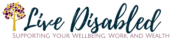Logo of gold and red tree. Live Disabled- Supporting your wellbeing, work, and wealth.
